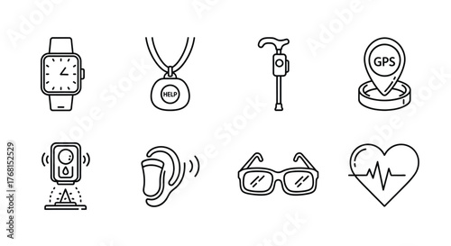 Collection of accessible technology icons featuring smartwatch hearing aid glasses gps heartbeat vector