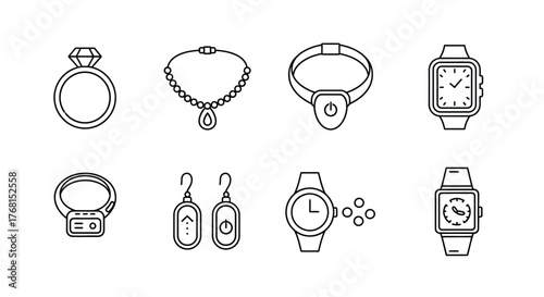 Collection of elegant jewelry and timepieces hand drawn style for fashion accessories design vector