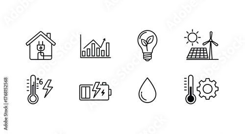 Doodle icon set representing smart home technology energy efficiency and sustainability vector