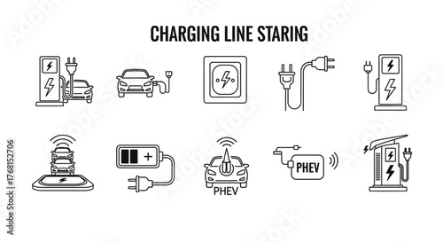 Electric vehicle charging station icons set modern clean line art symbols for sustainable energy transportation vector