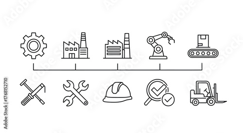 Industrial manufacturing process workflow icons set showing production stages and tools for factory automation vector
