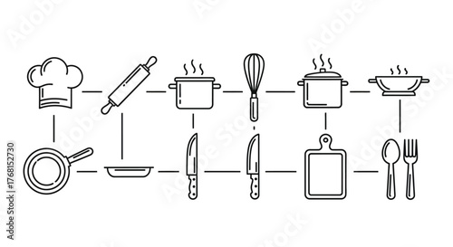 Collection of culinary utensils and cooking equipment for kitchen and food preparation vector