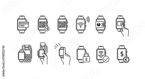 Smartwatch interface icons demonstrating digital transactions and notifications vector