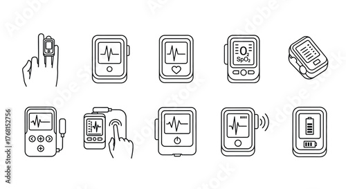 Set of hand drawn mobile app interface icons showing health monitoring and data visualization elements vector