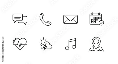 Set of eight hand drawn outline icons representing communication and lifestyle vector