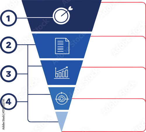 Vertical sales funnel diagram with four stages and numbered icons, a blue gradient infographic template for business process, conversion, marketing, or report data presentation.