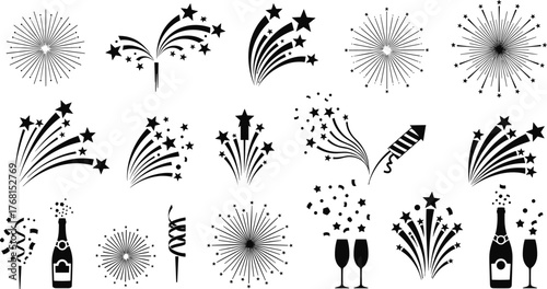 Set of Black Fireworks, Starburst, and Celebration Silhouette Icons Vector Illustration