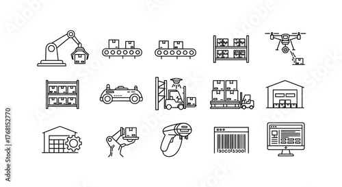 Modern industrial icons set automation technology robotics factory manufacturing warehouse operations vector