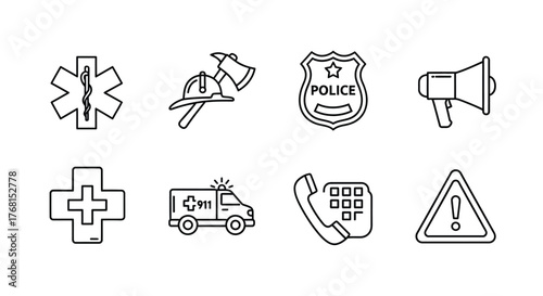 Emergency services icons collection with medical police fire and warning symbols outline graphics vector
