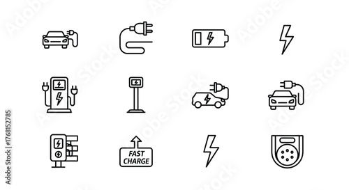 Collection of electric vehicle charging icons symbolizing eco-friendly transportation and clean energy solutions vector