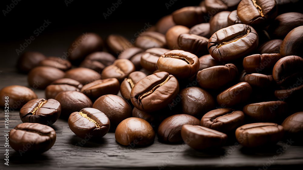 Naklejka premium Pile of Roasted Coffee Beans on a Dark Wooden Surface coffee beans, roasted coffee