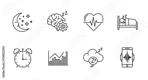 Sleep and health icons representing rest brain heart alarm data cloud and phone vector