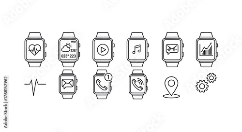 Hand drawn smartwatch icons featuring health music communication and location apps for digital use vector
