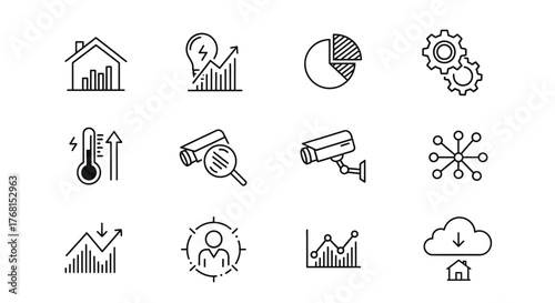 Set of hand drawn icons for smart home technology and data analysis vector