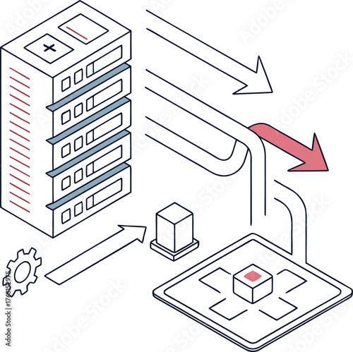 Isometric data server flow diagram with multiple inputs and outputs, a thin line art vector infographic template for technology, hosting, or complex network process presentation.