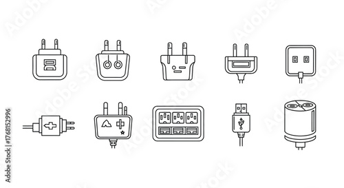 Collection of hand drawn electrical adapters and connectors for global travel vector