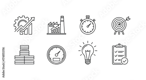 Set of business growth and planning icons representing success strategy progress and ideation vector