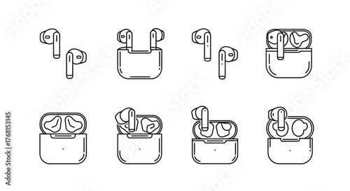 Modern wireless earbuds and charging case assortment diverse angles and views vector