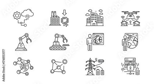 Modern technology icons representing industry innovation and automation concepts in a grid layout vector