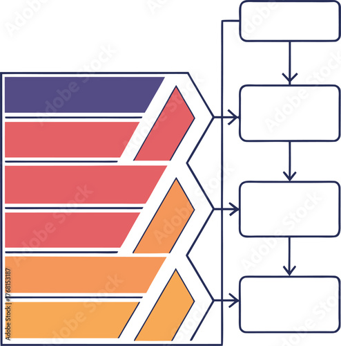 Colorful horizontal funnel diagram with four stages and sequential process boxes, an editable vector infographic template for business sales pipeline, conversion, or workflow presentation.