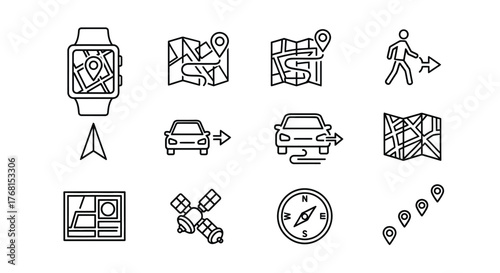 Hand drawn navigation icons set featuring map gps car satellite compass and person walking for travel and location services vector