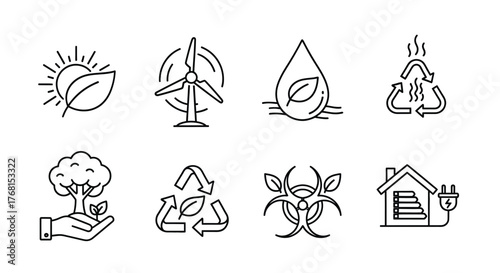 Set of hand-drawn eco-friendly symbols for nature sustainability and renewable energy concepts vector