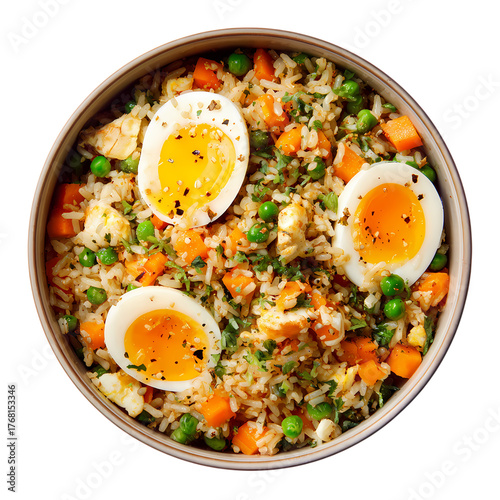 A top view of a bowl filled with fried rice containing peas carrots and egg pieces isolated on transparent background