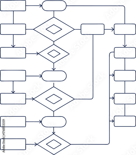 Complex hierarchical and sequential business flowchart diagram, an editable line vector template for algorithm, decision-making, or detailed workflow process visualization.