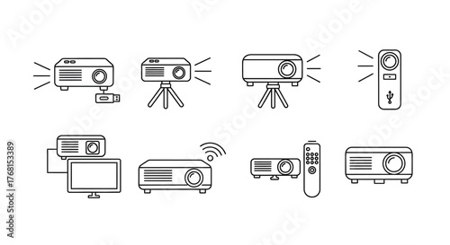 Digital projector icons and symbols various angles and uses for presentations and entertainment vector