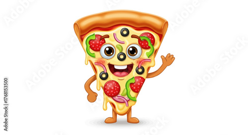 Cartoon Pizza Character Waving with Joy and Enthusiasm ready for a Slice of Happiness