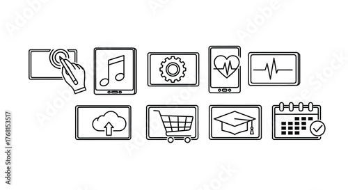 Doodle style icons representing digital services and applications for online platforms vector