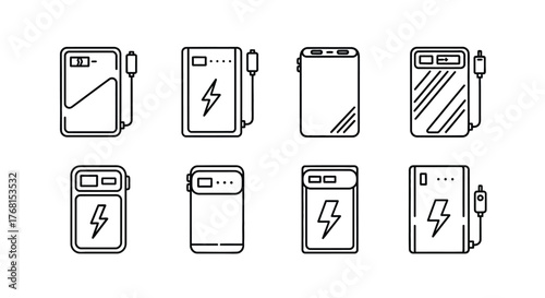 Collection of hand drawn portable power bank icons with lightning bolt symbol for electronic devices vector