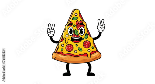 A cheerful slice of pizza cartoon character promoting peace and deliciousness on a white background