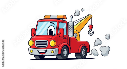 Cheerful tow truck cartoon character with expressive eyes and exhaust puffs illustration