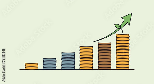 Financial Growth Illustrated Coin Stacks and Upward Arrow Representing Investment Success