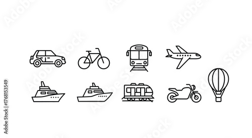 Collection of hand drawn transportation icons showing diverse modes of travel and mobility vector