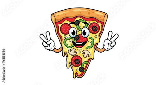 Animated pizza slice character displaying the peace sign, ideal for children related themes