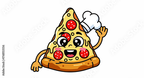 A cheerful cartoon pepperoni pizza slice wearing a chef's hat and waving its hand showing a happy