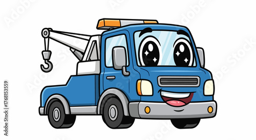 Cartoon tow truck character with big eyes and a friendly smile conveying assistance