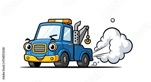 Animated tow truck character speeding with billowing exhaust, cartoon illustration style, funny