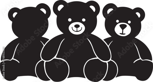 Three black silhouette teddy bears sitting close together with white facial details on the center bear