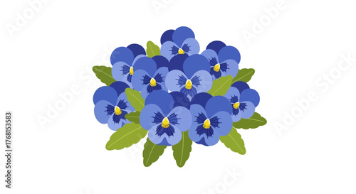 Bunch of Beautiful Blue Pansies with Green Leaves on a Plain White Backdrop Image