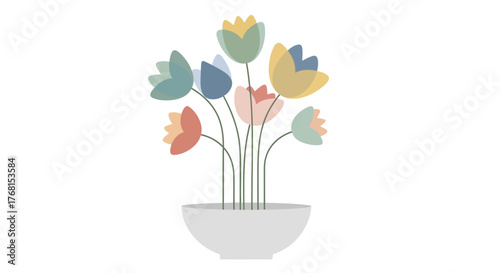 Pastel floral arrangement in a simple white pot, against a clean white backdrop creating a sense