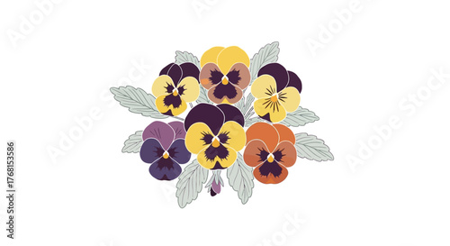 Cheerful pansy bouquet illustration with vibrant petals and delicate foliage on white canvas