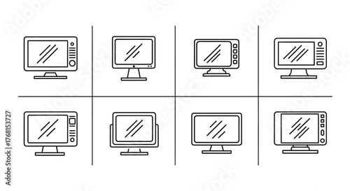 Set of eight hand drawn computer monitors and screens displaying diagonal lines graphic elements vector