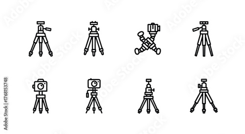Collection of diverse tripod styles icons for photography and videography equipment line art vector