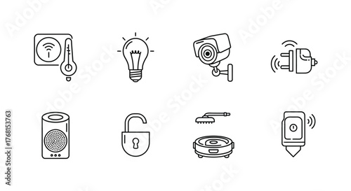 Collection of smart home technology icons featuring security and automation devices hand drawn style vector
