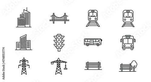 Urban cityscape icons set featuring buildings bridges trains traffic lights and power poles vector