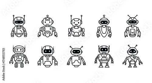 Collection of ten hand-drawn robot characters in a simple sketch style for ai and tech concepts vector