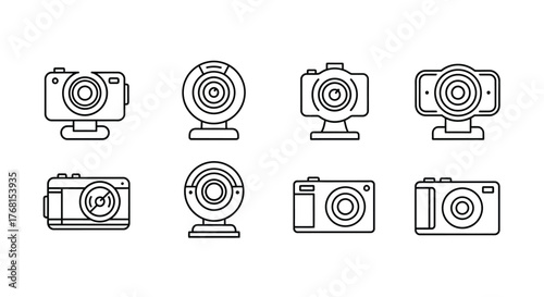 Collection of digital cameras and webcams icons diverse designs representing photography and video technology vector